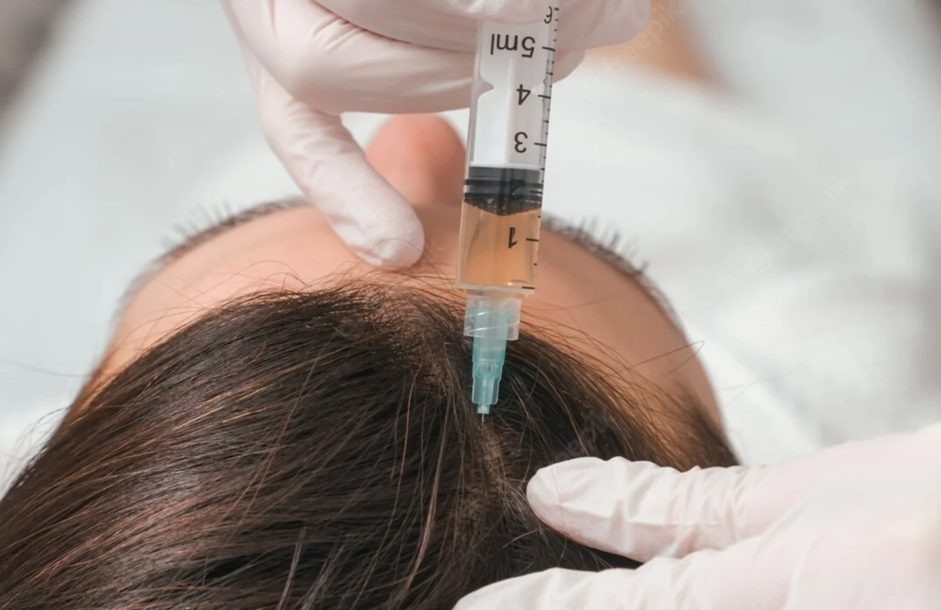 Primer plano de la cabeza de una mujer mientras recibe una microinyección en el cuero cabelludo en una sesión de Mesoterapia