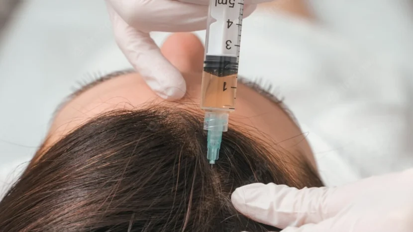 Primer plano de la cabeza de una mujer mientras recibe una microinyección en el cuero cabelludo en una sesión de Mesoterapia