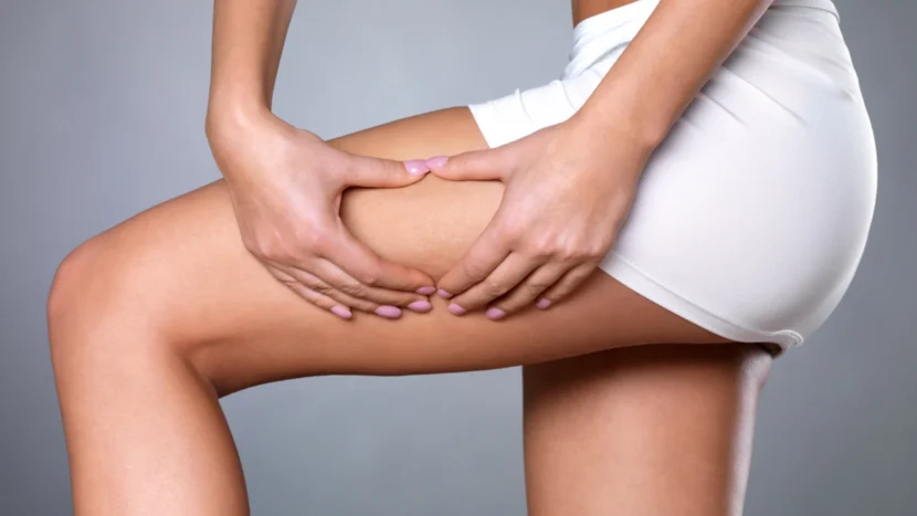 Imagen de una mujer apretando suavemente el muslo de una pierna para mostrar una muy leve celulitis